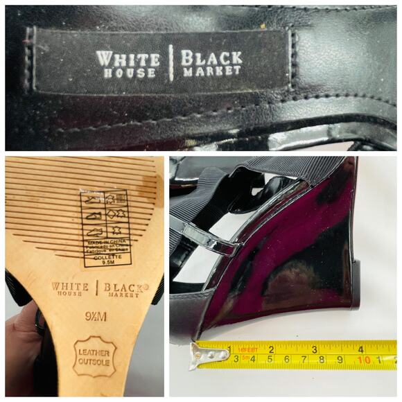 WHBM Black Leather Strappy Career Chic Zip Back Elastic Ankle Wedge Heel 9.5 - Picture 9 of 10